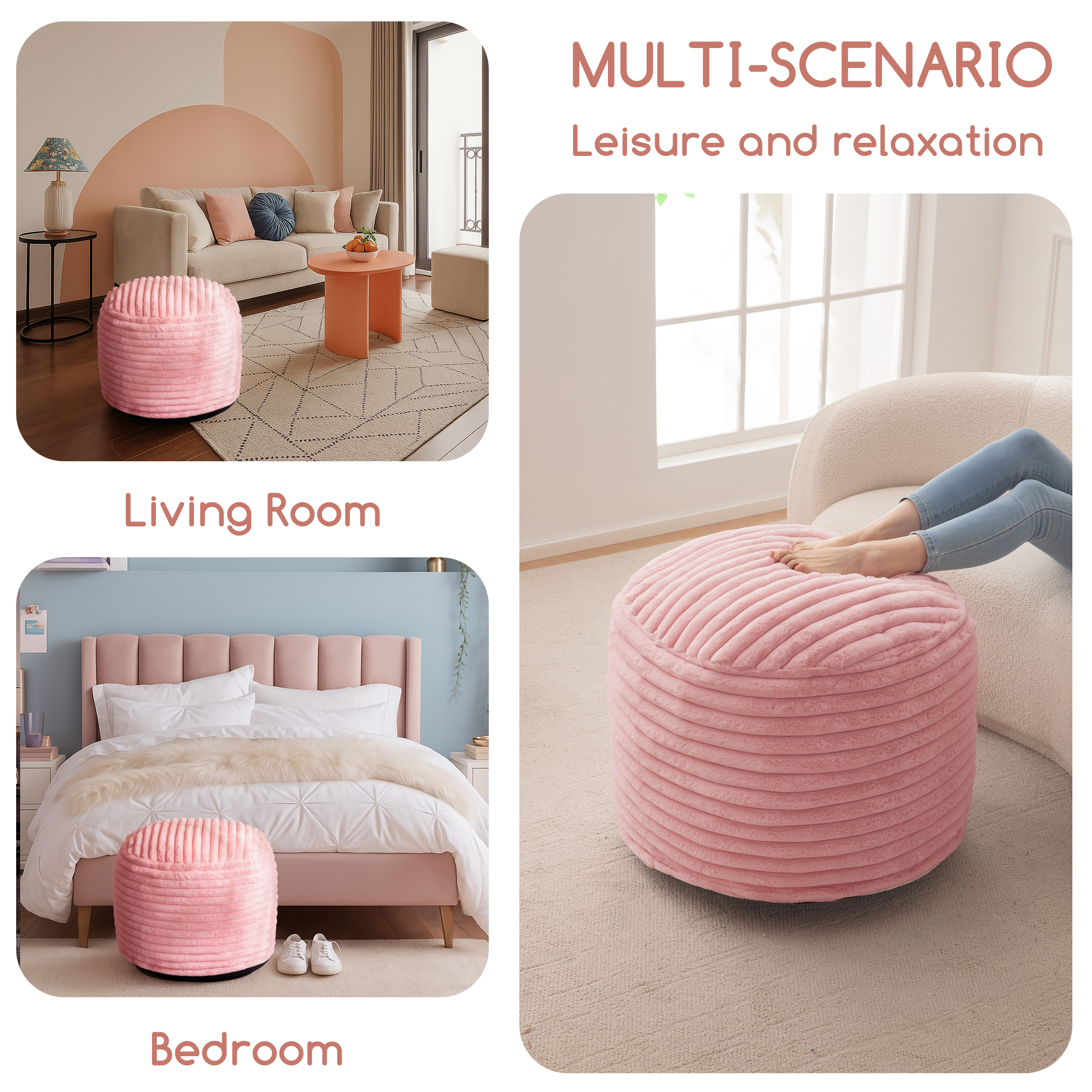 BYBYME Round Plush Striped Ottoman, Pink photo 6