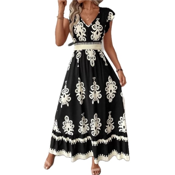 Women's Printed V Neck Ruffled Cap Sleeve Dress with Stretch Fabric for Everyday Casual Style and All Day Comfort