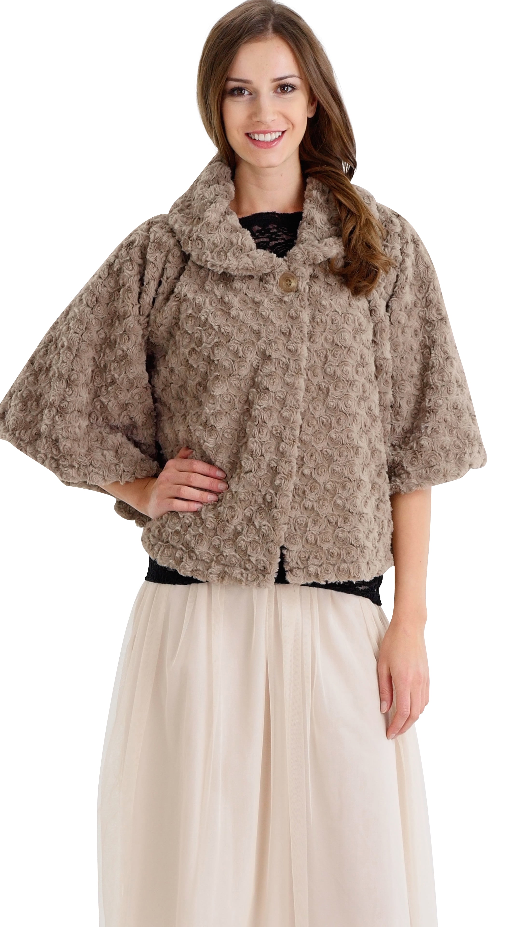 MELODY Women Rosette Faux fur Cape Jacket with Round Collar (MOCHA