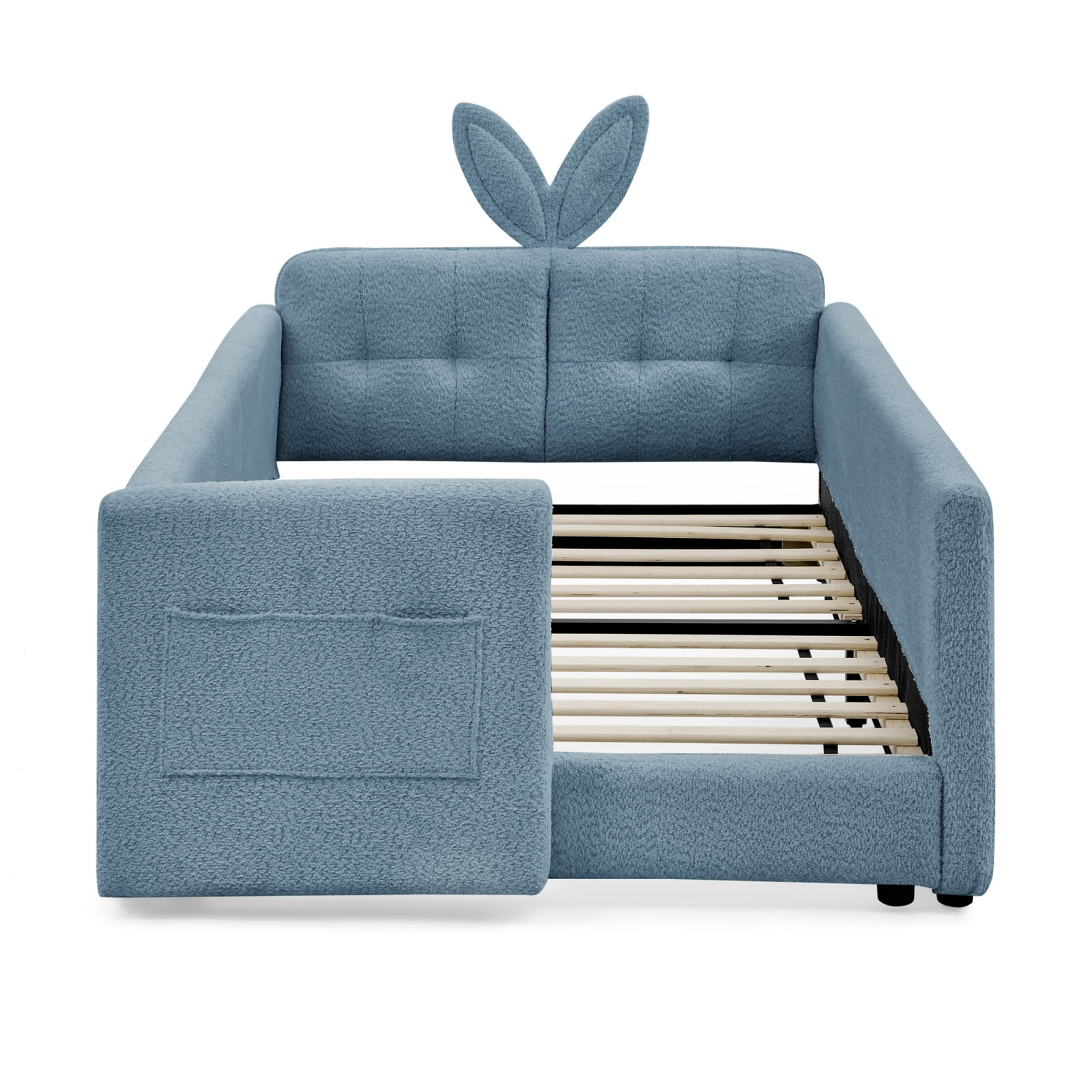 Deiokin Twin Size Bunny Ear Platform Bed Frame, Upholstered Boucle Fabric Bed Frame with Safety Rail & Storage Pocket