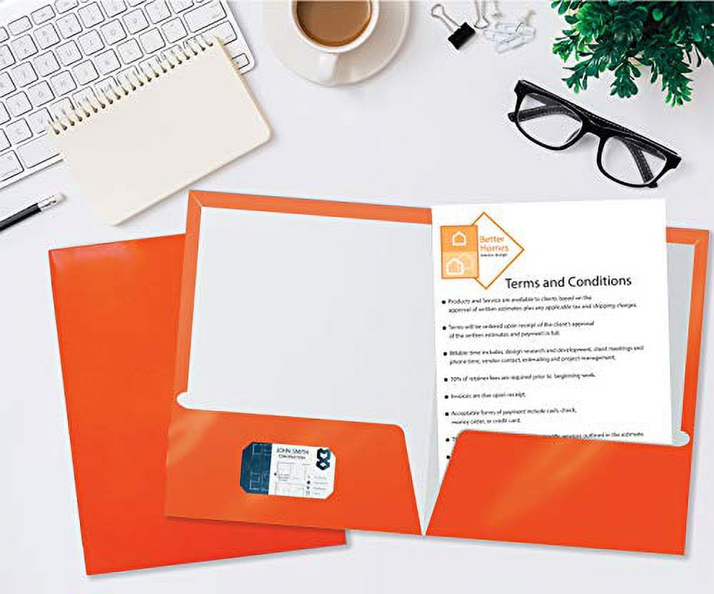 2 Pocket Glossy Laminated Orange Paper Folders, Letter Size, Orange Paper Portfolios by Better Office Products, Box of 25 Orange Folders