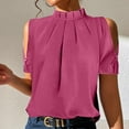 thumbnail image 2 of Npasoilc Summer Tops for Women 2024 Short Sleeve High Round Neck Cold Shoulder Turndown Collar Blouse Solid Color Casual Loose Pullover T-shirt Tops, 2 of 6