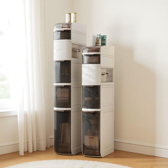 GVN 5-Tier Narrow Bathroom Storage Cabinet with Drawers and Tissue Box for Bathroom Vanity Toiletries Towels Small Space Organizer Furniture, White