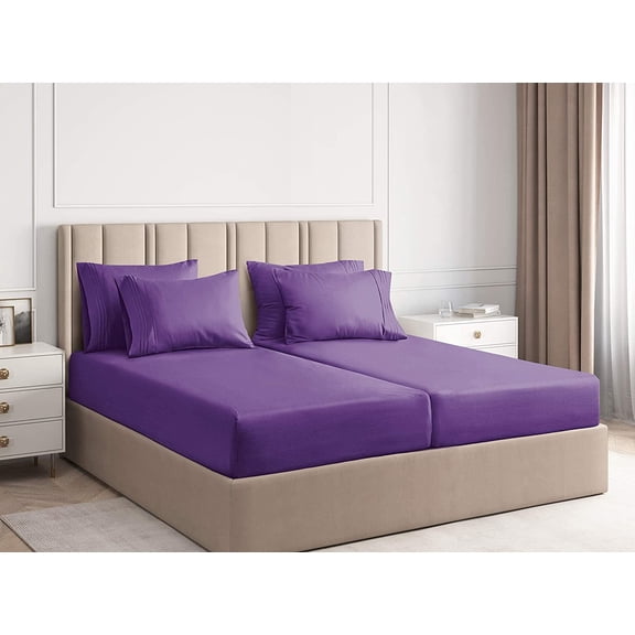 CGK Linens 7-Piece Breathable and Cooling Sheet Set With Extra Matching Pillowcases - Split King Size Bed Sheets Fits 8"-16" Mattresses, Purple