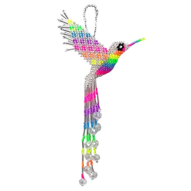 Figura colgante de colibrí, adorno de cristal checo, cuentas de semillas, cola de flecos, regalos hechos a mano, accesorios bohemios de animales espirituales (plata/neón-multi)