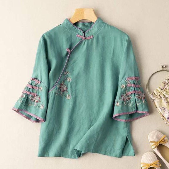 DondPO Oversized Tshirts for Women Short Sleeve Shirts Summer Cotton And Linen Loose Plate Buckle Horn Sleeve Standing Seven Point Sleeve Top Shirt Female Womens Tops Business Casual Tops Blue L
