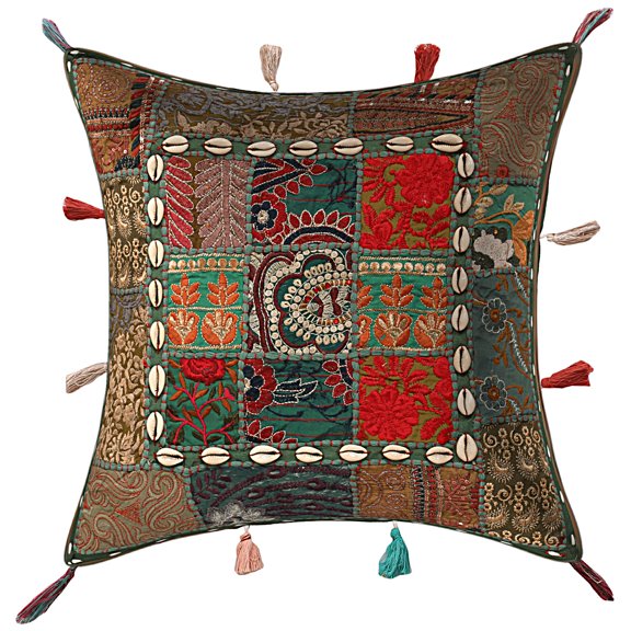 Stylo Culture Indian Embroidered Patchwork Cowry Sea Shell Tassels Sofa Throw Pillow Cover 17x17 Dark Green Bohemian 43x43 cm Lounge Decor Cotton Floral Square Cushion Cover | 1 Pc