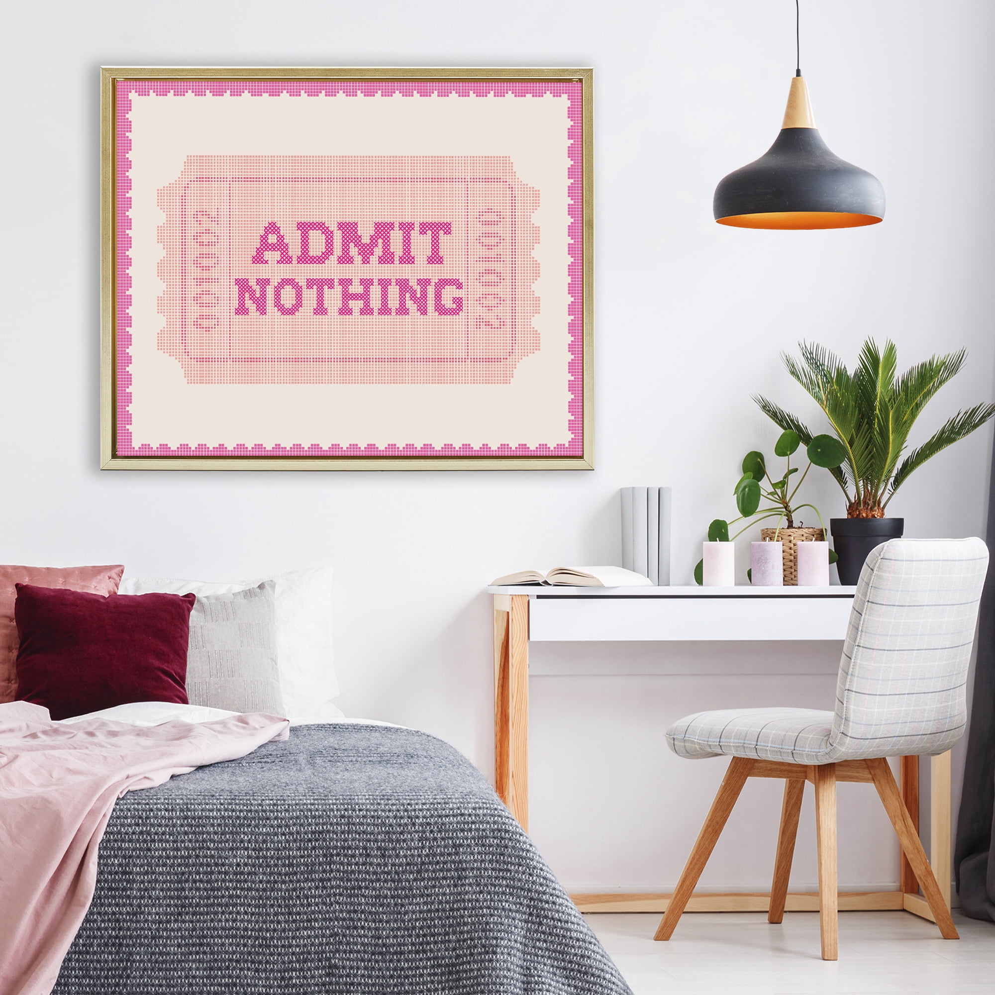 Stupell Industries Admit Nothing Retro Pink Ticket Gold Framed Floater Canvas Wall Art, design by Lil' Rue