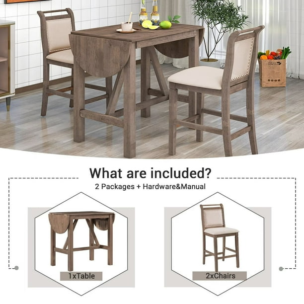 3 Piece Counter Height Dining Table Set includes 1 Drop Leaf Table