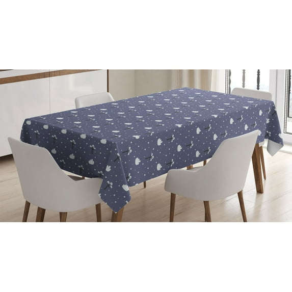 Winter Tablecloth, Snowy Forest Along Tree Branches Cold Weather Forest Woodland, Rectangle Satin Table Cover Accent for Dining Room and Kitchen, 52" X 70", Ceil Blue Grey and White, by Ambesonne