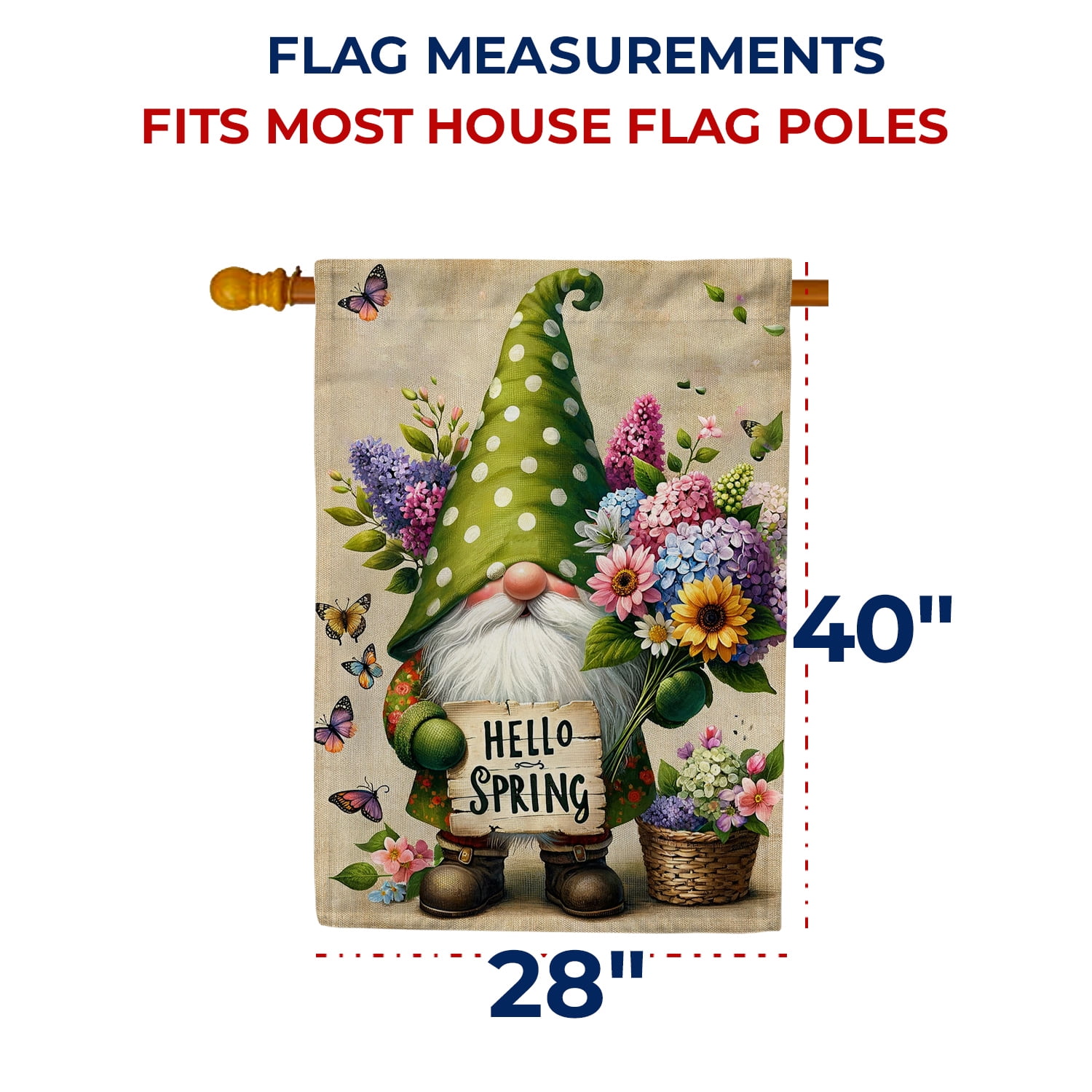 America Forever Hello Spring Gnome House Flag 28x40 inch Double Sided, Polka Dot Gnome Hat, Geranium Flowers, Butterfly Floral Garden Yard Flags for Outdoor Decoration, Seasonal Spring Home Decor