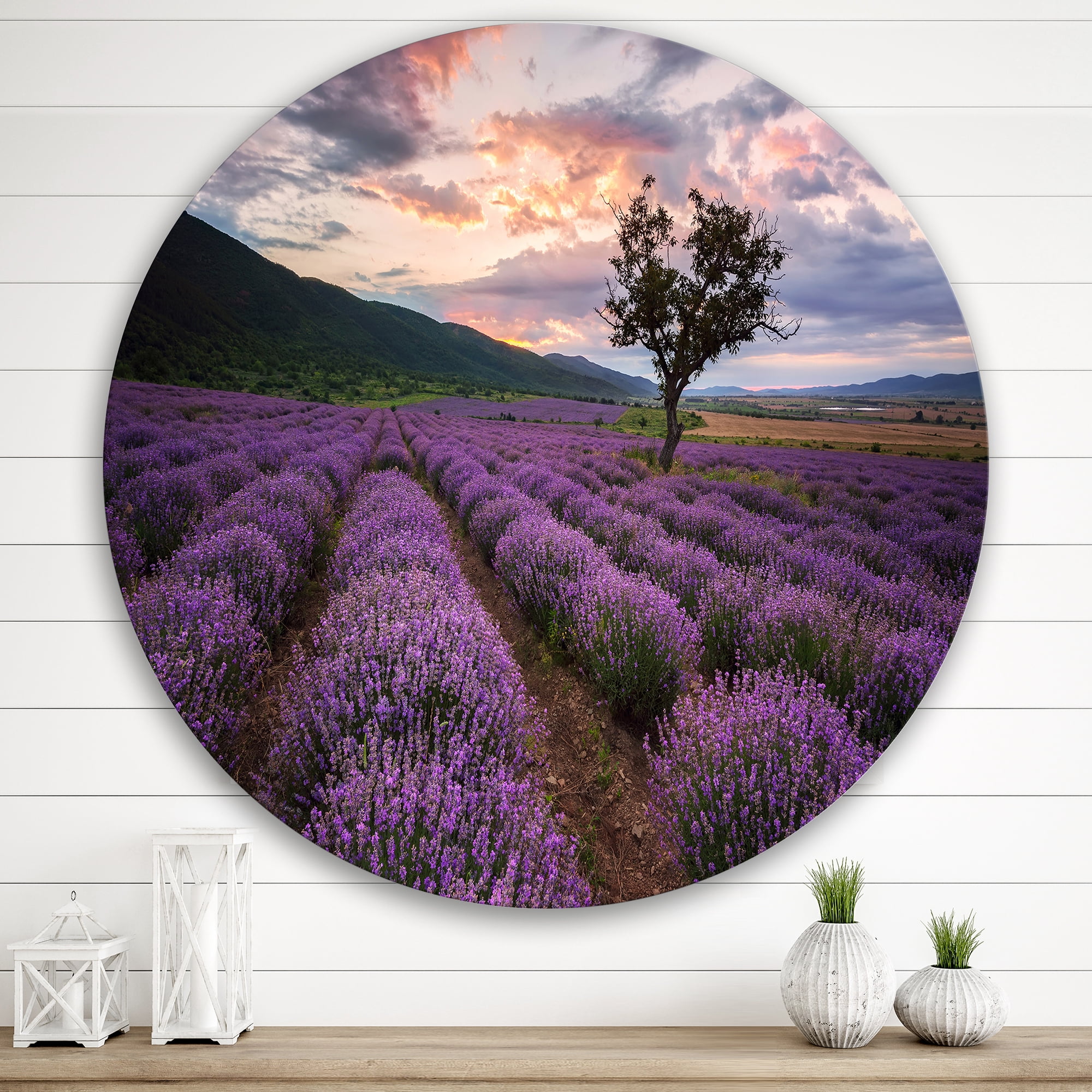Designart 'Lavender Field At Sunrise III' Farmhouse Circle Metal Wall Art 36x36 - Disc of 36