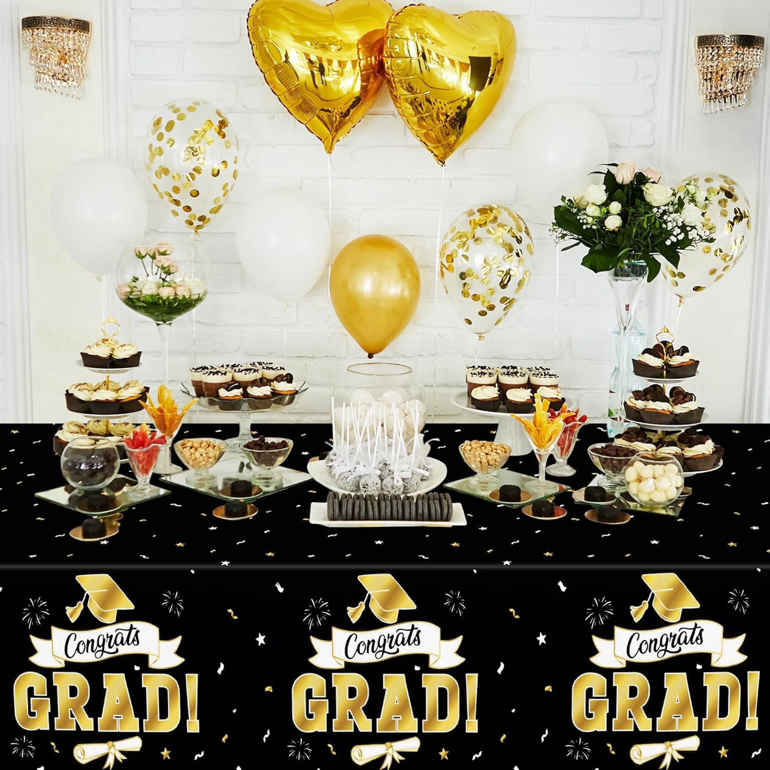 2Pack Graduation Decorations 2026, 108" X 54" Graduation Tablecloth, Blackgold Rectangle Class of 2026 Table Cloths, Disposable Plastic Congrats Grad Tablecover for Grad Party Favors Supplies