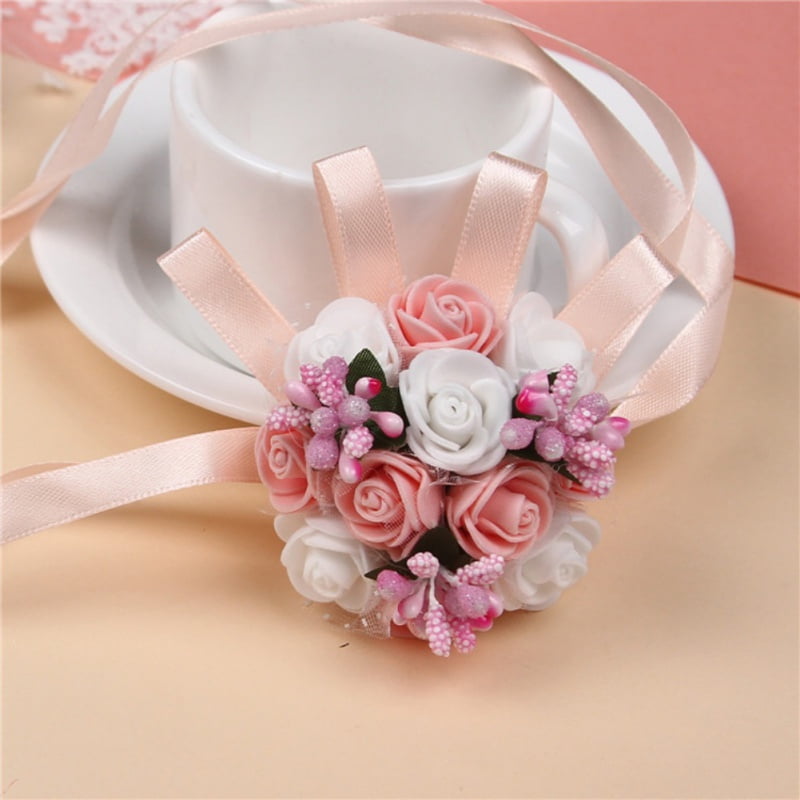 Bridal Prom Hand Wrist Flower Tea Rose Band Bracelet Corsage Bridesmaid Decors 