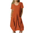 thumbnail image 1 of Birdeem Robe Décontractée Mode Col Rond Boutons Manches Courtes Coton Lin Longueur Genou avec Poches Robes Unies, 1 of 12