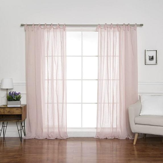 Quality Home Romantic Faux Linen Sheer Tie Top Curtains - Tie Top - Pink - 52" W x 84" L (2 Panels)