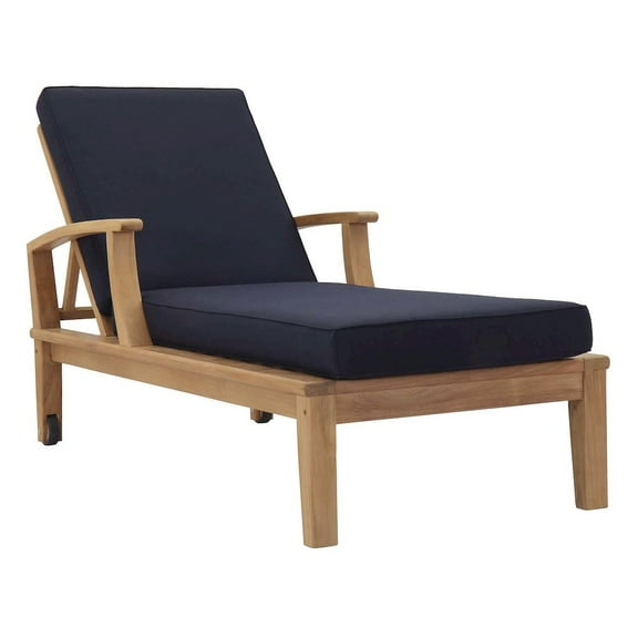 Modway Marina Outdoor Patio Teak Single Chaise in Natural Navy