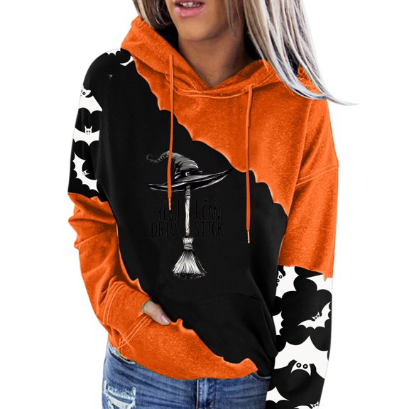 WEIWEN Halloween Hoodies for Women Funny Yes I Can Drive A Stick Witch Broom Print Halloween Sweatshirt for Women Color Block Hooded Pullover Tops Womens Fall Fashion Clothing Black, S