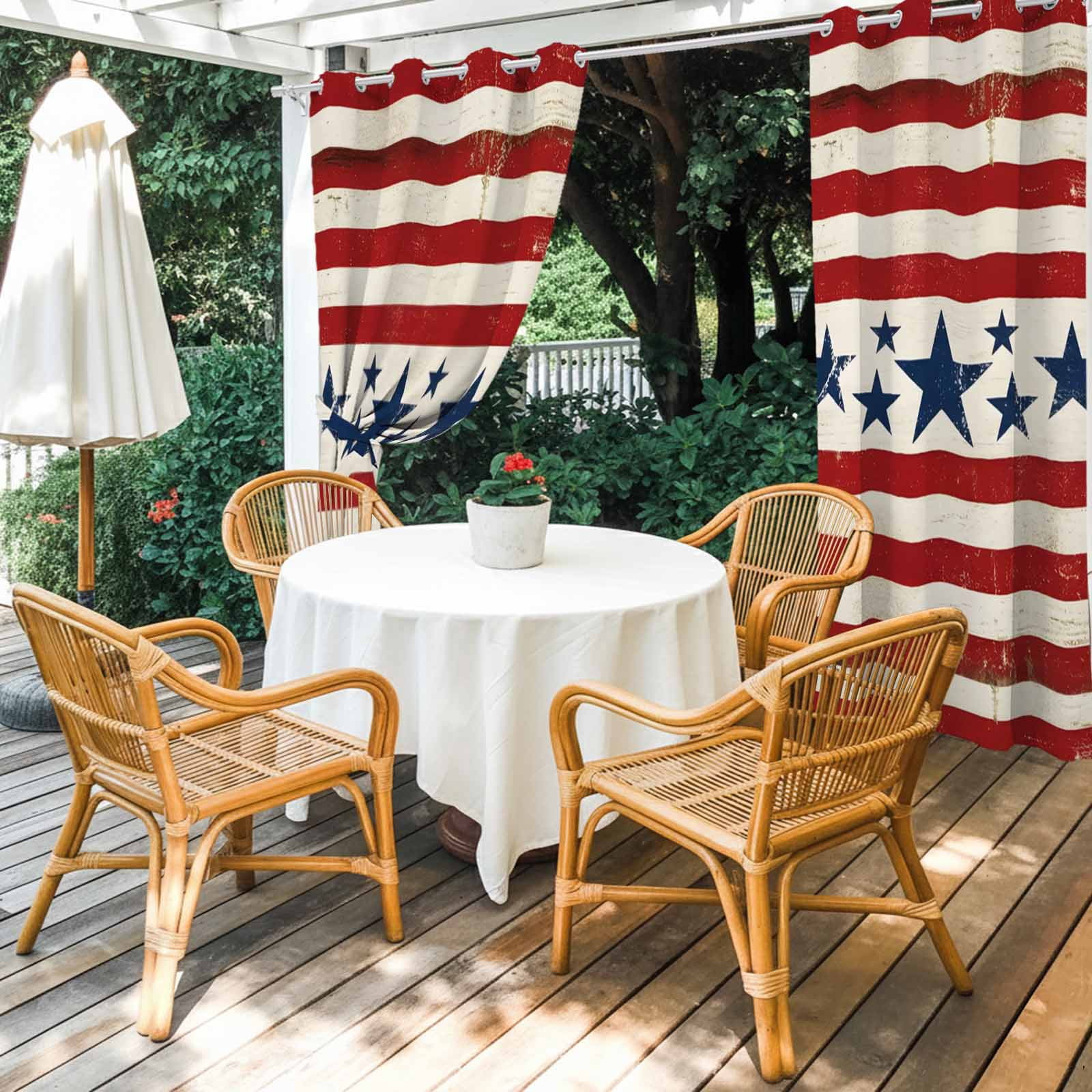 Independence Day Outdoor Curtains for Patio, Vintage Country Blue Stars Red Stripes Sunshade Privacy Drapes Grommet Waterproof Outside Curtains for Porch/Cabana/Balcony 54"x 108", 1 Panel