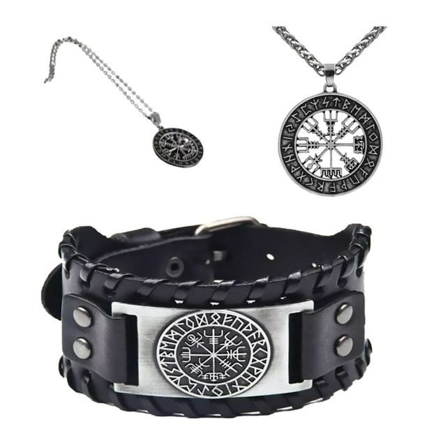 Set de Pulsera de cuero Vikinga y Collar para Hombre estilo Vikingo Brujula Vegvisir. estilo clásico de runas nórdicas - Plateado MADIOLA Moda Hombre