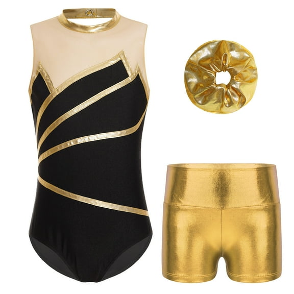 YONGHS Kids Girls Gymnastics Dance Outfit Ice Skating Leotard Unitard with Shorts Hair Tie Set Gold 10