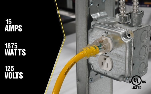 Yellow Jacket 2827 12/3 Heavy-Duty 15-Amp Premium SJTW Contractor 3-Outlet Extension Cord with Lighted End, 50-Feet