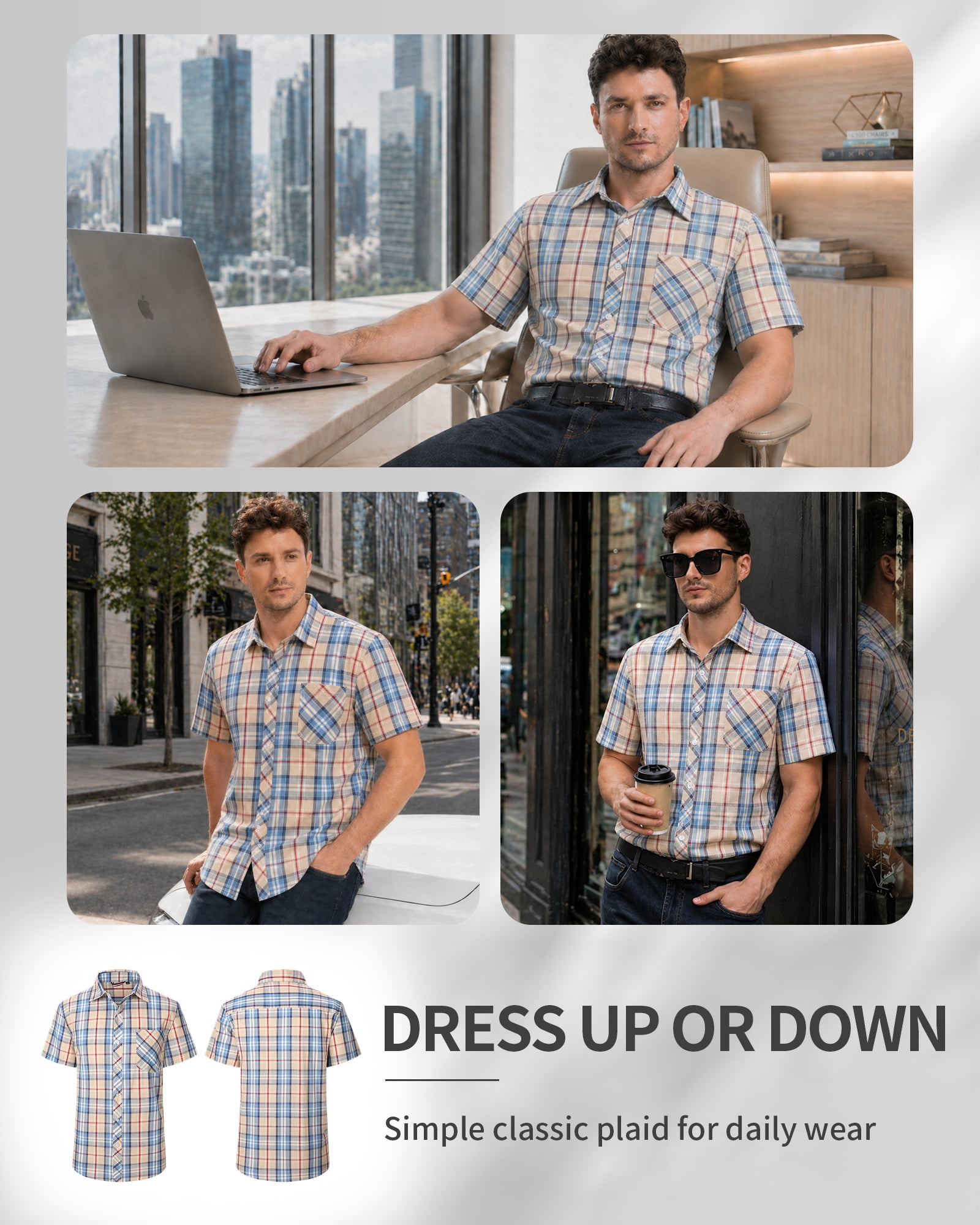 Onimisc Mens Plaid Short Sleeve Button Down Shirts 100% Cotton Regular Fit Casual Gingham Shirts