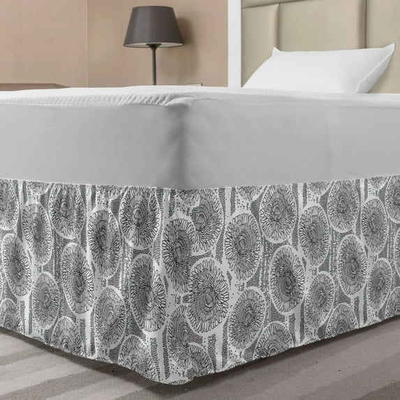 Floral Bed Skirt, Hand Drawn Sketches of Dandelion Flowers and Spots on a Plain Background, Elastic Bedskirt Dust Ruffle Wrap Around for Bedding Decor, 4 Sizes, Charcoal Grey White, by Ambesonne