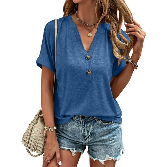 YATELLE Womens Tshirts V Neck Short Sleeve Buttons Tops Tee Solid Color Blouse Loose Fit