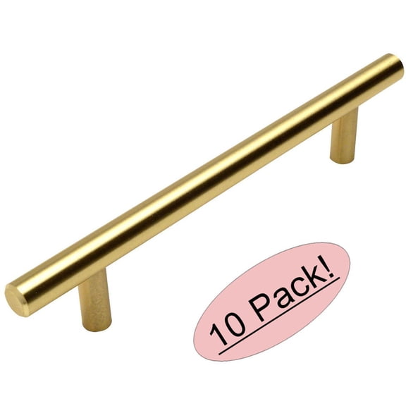 Cosmas 305-128BB Brushed Brass Cabinet Hardware Euro Style Bar Handle Pull - 5" Inch (128mm) Hole Centers, 7-3/8" Overall Length - 10 Pack