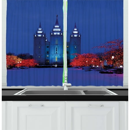 City Rooms Leicester Christmas Scenery Curtains 2 Panels Set, City Church Castle Landmark Landscape in Winter with Christmas Celebration, Window Drapes for Living Room Bedroom, 55W X 39L Inches, White and Blue, by Ambesonne ()
