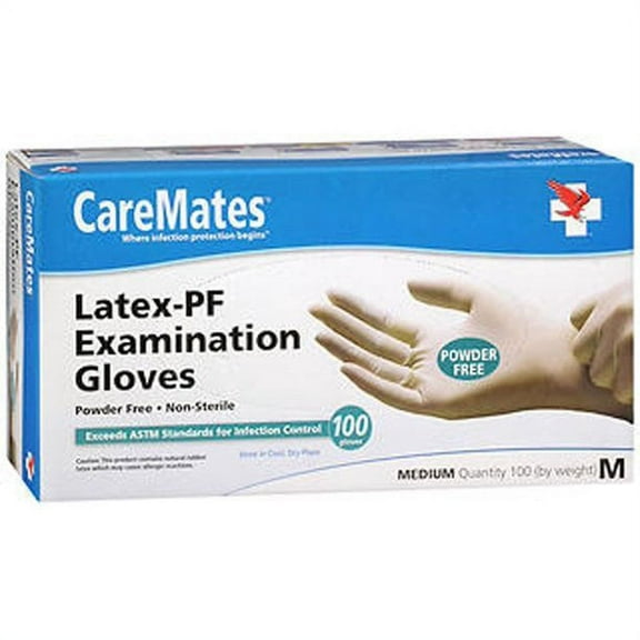 Caremates Latex-PF Examination Gloves, Powder-Free, Medium, 100 ct, 3 Pack