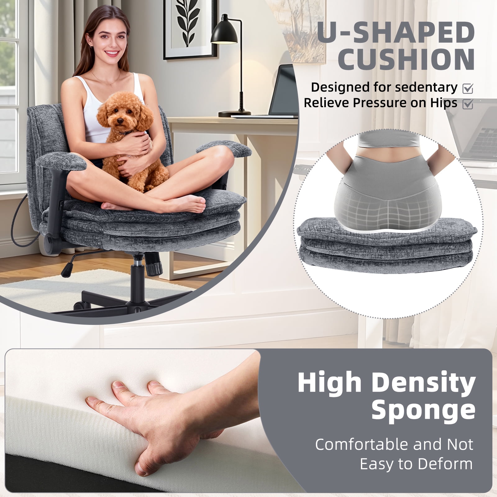 Criss Cross Legged Office Chair with Wide 3 Layer Cushions, Ergonomic Criss Cross Desk Chair with Dynamic Lumbar Support and Flip-up Arms, Mid Back Fabric Swivel Vanity Chair for Work, Study, Leisure
