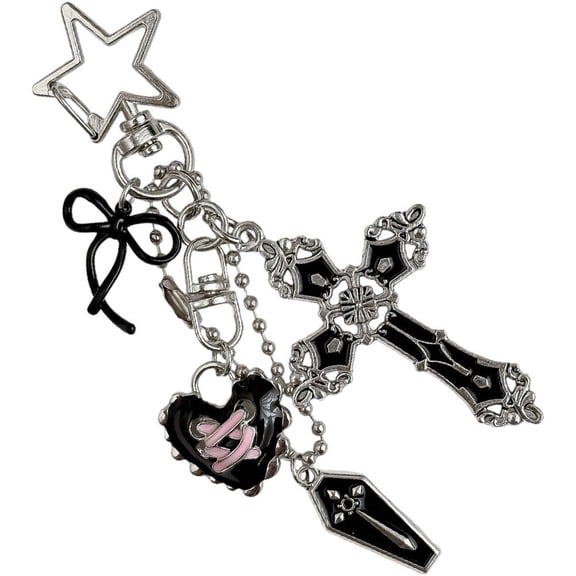vlrwzc Gothic Cross Keychain with Bowknot Heart, Y2K Purse Charm for Women