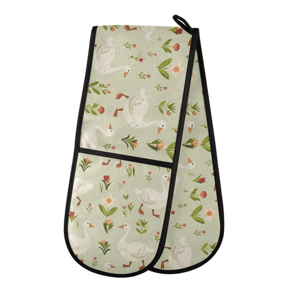Dailycode Double Sided Oven Mitt with Loop Heat Resistant Kitchen Long Potholders 7" x 35" Gooses with Flowers Leaf