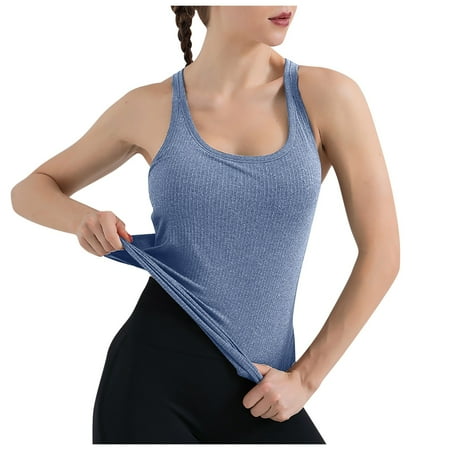 OJSFQUFP WomenS Blouses Blue Ladies Vest with Chest Pad Beautiful Back Tight Long Fitness Sports Bra Cool breathable camisole vest Summer basic camisole M