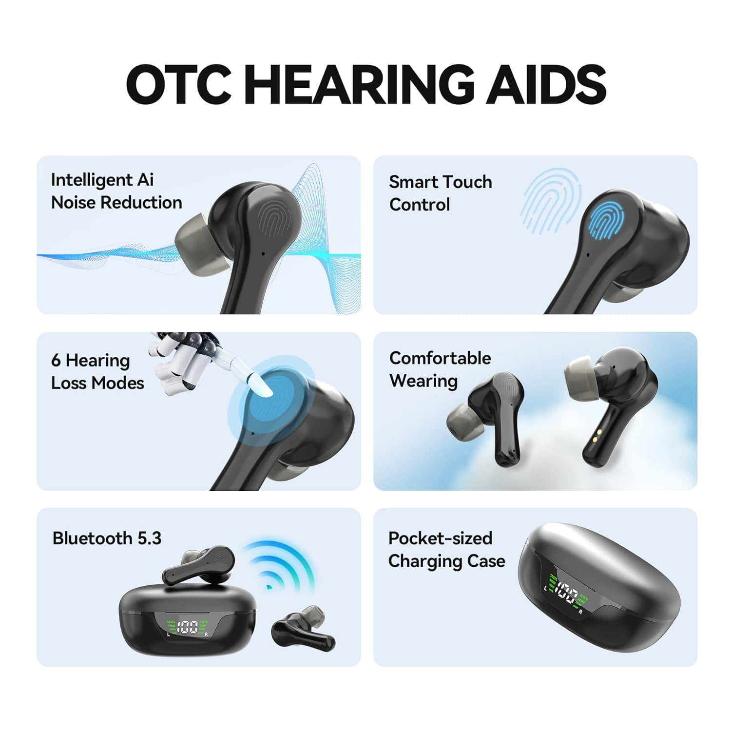 Adofi Hearing Aids, Rechargeable Hearing Aids for Seniors with Noise Cancelling, Hearing Amplifier for Adults Hearing Loss Device with LED Power Display, Digital Amplifier Into Ear No Squealing-Black