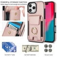 thumbnail image 6 of For IPhone 16 Pro Max Phone Case Wallet With Elastic Concealed Buckle Flip Card Holder,PU Leather Metal Ring Buckle Holder Kickstand  Women Men Magnetic Cover,Rose gold,For iPhone 16 Pro Max, 6 of 8