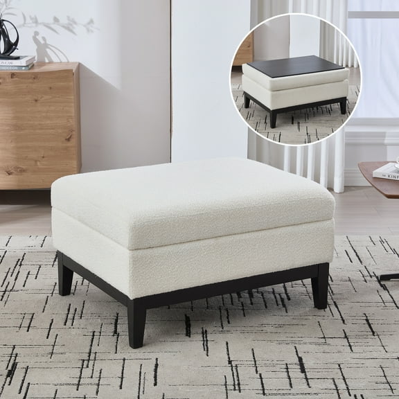 33.86"W Upholstered Wood Base Storage Ottoman With Reversible Lid Coffee Table, Foot Stool Square Footrest with Rubberwood Legs for Living Room Bedroom Entryway and Office, Ivory Boucle.