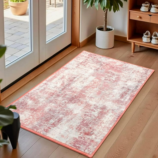 Macgace 2'x3' Small Modern Abstract Rugs, Faux Wool Washable Throw Rug for Kitchen Entryway Indoor Entrance, Soft Floor Covering Carpet Door Rug Minimalist Interiors, Pink