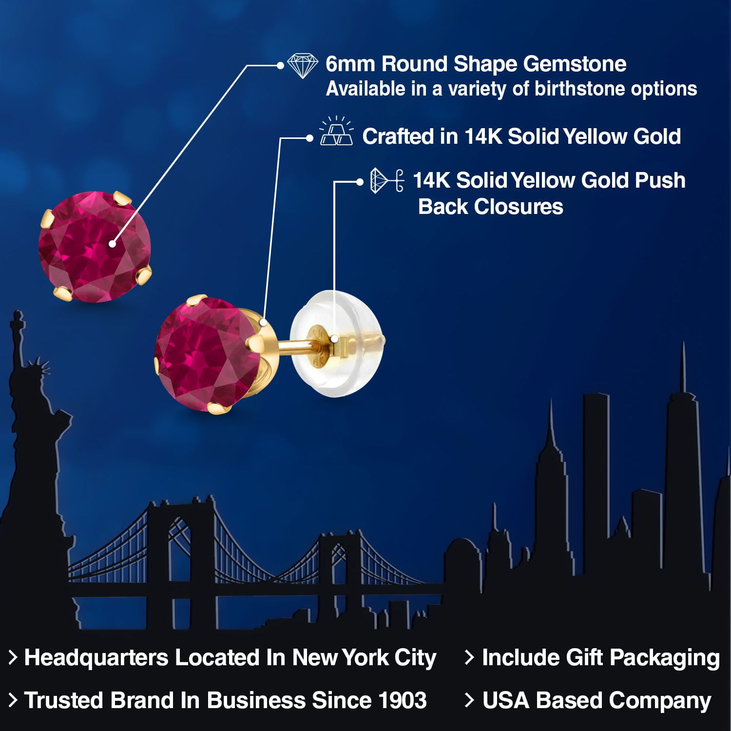 Gem Stone King 2.00 Cttw Round 6MM Red Created Ruby 14K Yellow Gold Stud Earrings for Women