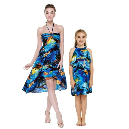 

Matching Hawaiian Luau Mother Daughter Halter Dress in Neon Sunset