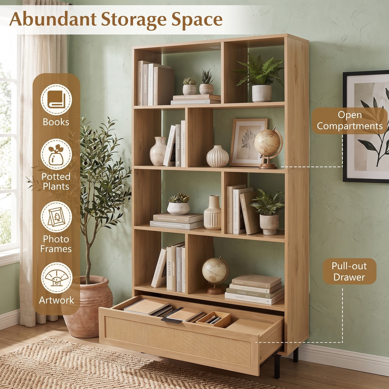 Furnibear 64 inch 6-Tier Tall Wooden Bookcase with 8 Open Cubes and Drawer, Freestanding Cube Storage Bookshelf with Rattan Accents and Anti-Tip Kit for, Natural