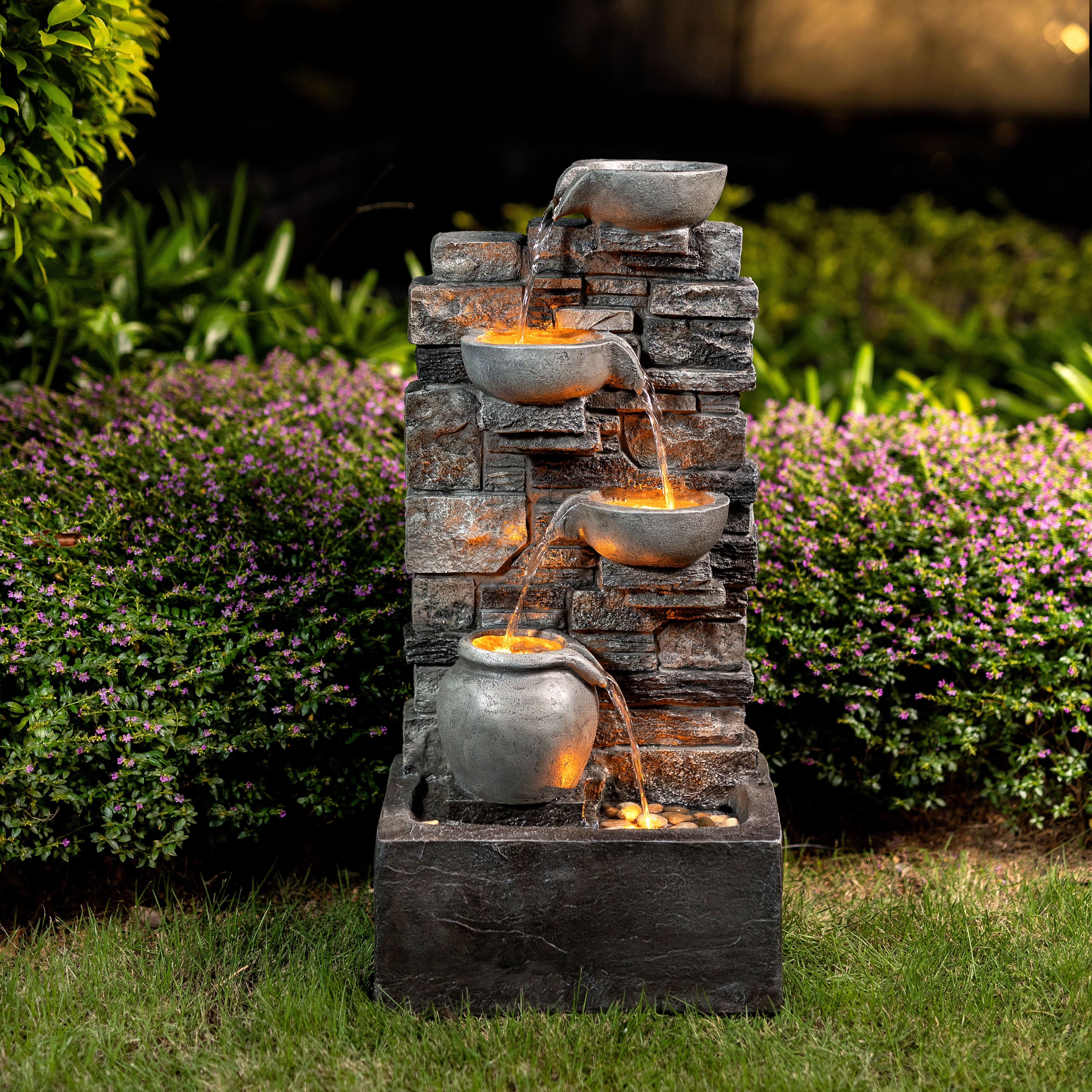 Teamson Home 28.5" Outdoor 4-Tier Stacked Stone Cascading Water Fountain with LED Lights, Gray