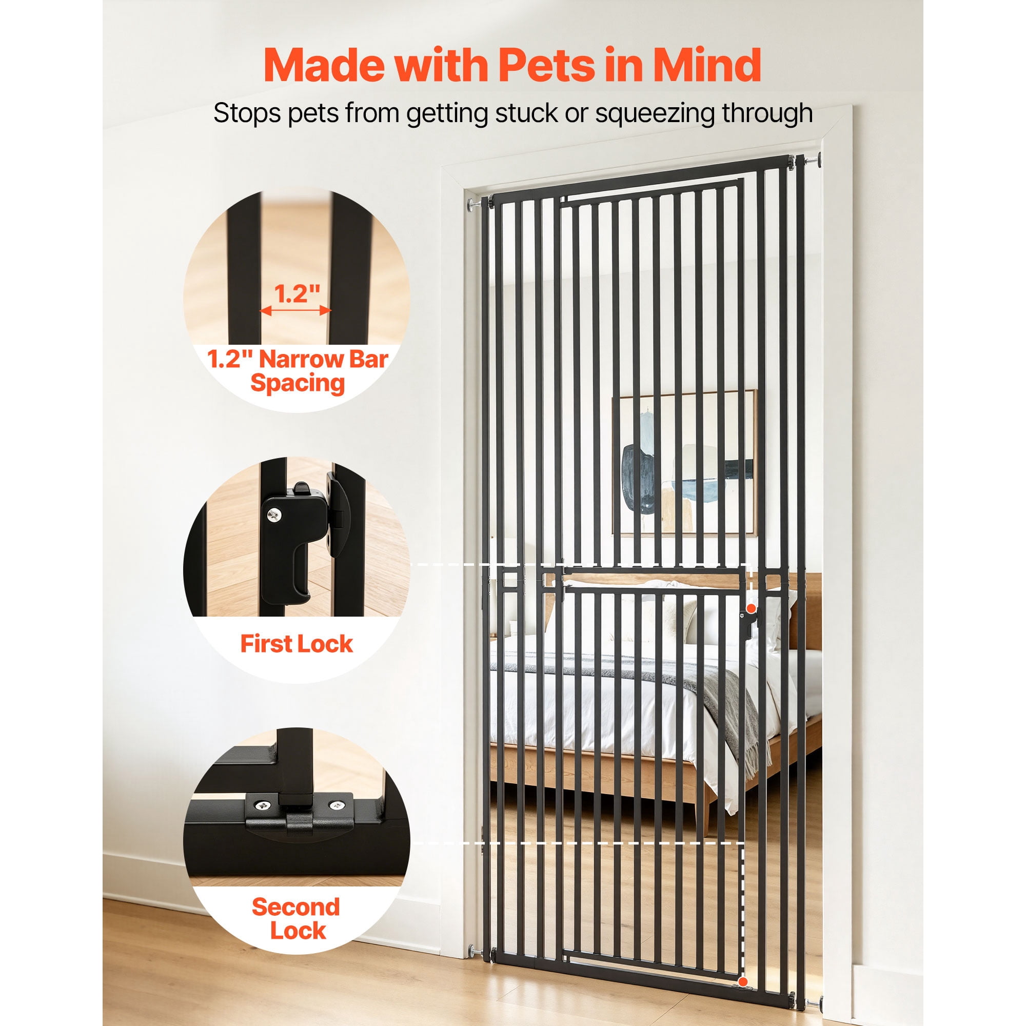 KFFKFF Extra Tall Pet Gate for Cats, Adjustable Width 28-34 in, 78.7 in High Dog Gate, Includes Pressure and Wall Mount Kits, 1.2 in Narrow Bar Spacing, Suitable for Stairs, Doorways, White