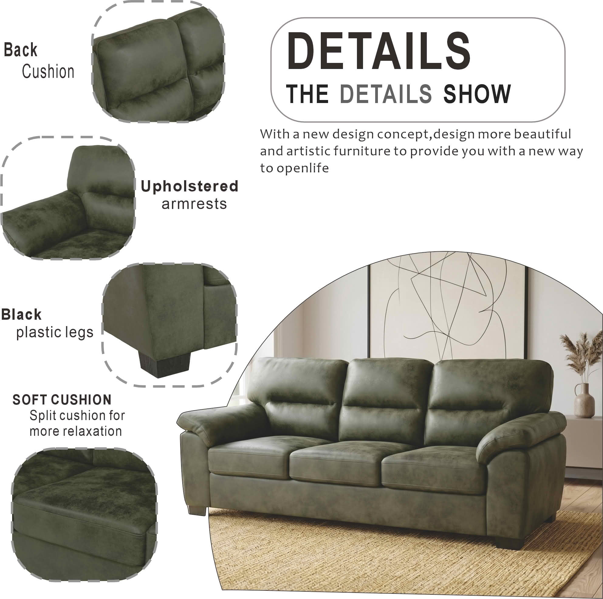 MAYEERTY 81 Inch Modern 3‑Seater Upholstered Sofa, Comfy Couch with Padded Armrests, Black Legs for Living Room