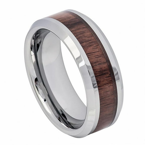 8mm Tungsten Carbide Wedding Band Ring For Men Or Ladies High Polish With Mahogany Wood Inlay