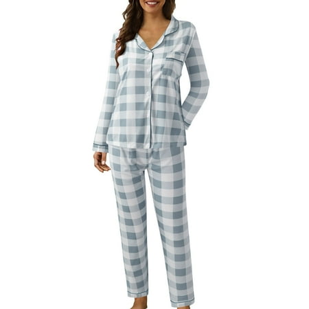 

Lingerie Sleep Wear for Women Silk Pajamas Shorts Women Casual Lapel Button Plaid Print Two Piece Long Sleeve Pajamas Pajamas Suit Womens Sleep Pants