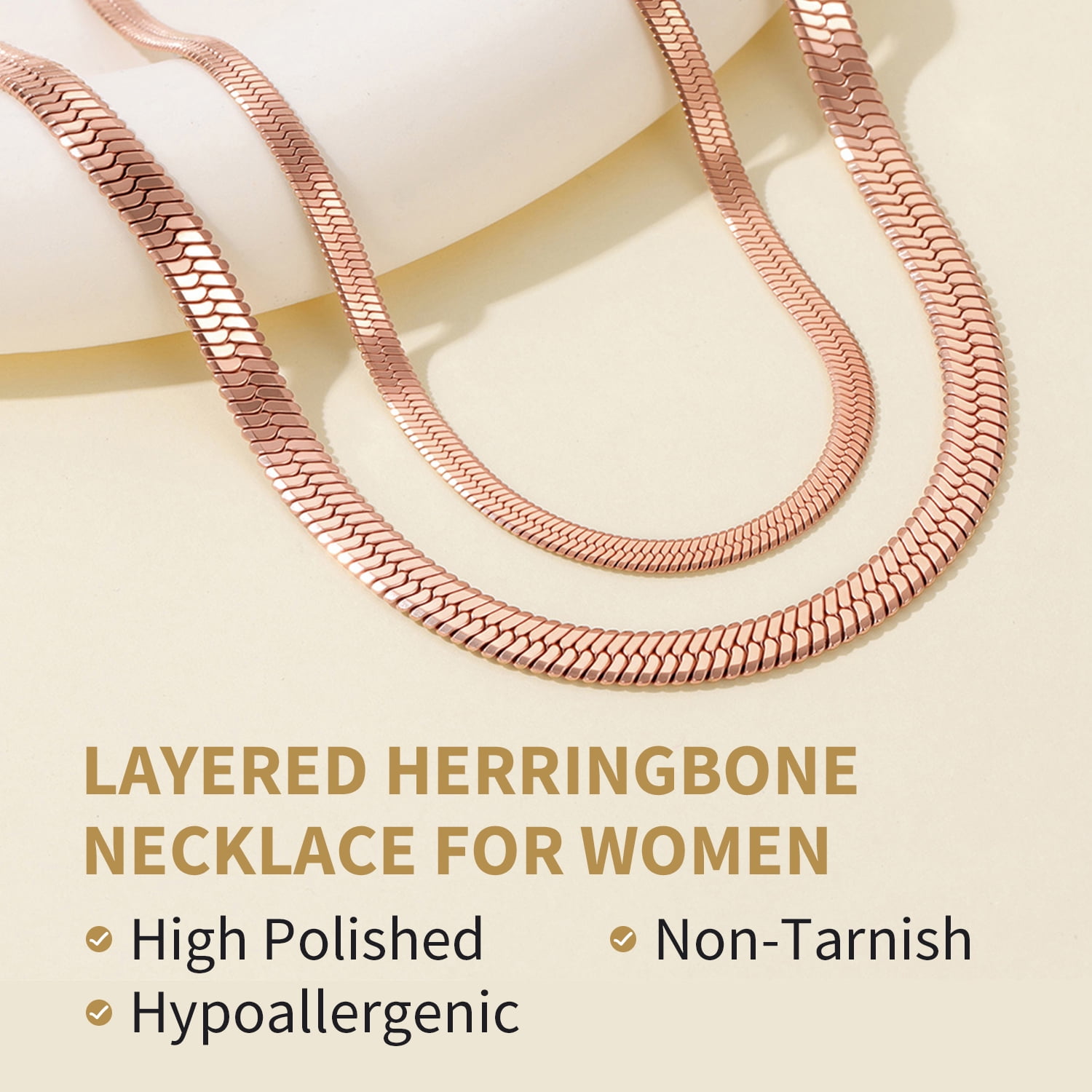 FindChic 2pcs Rose Gold Plated Necklaces for Women Layered Herringbone Choker Snake Chain Birthday Mothers Day Jewelry Gifts Her Mom Wife Lady Female Adults Age Ideas, 3mm & 5mm