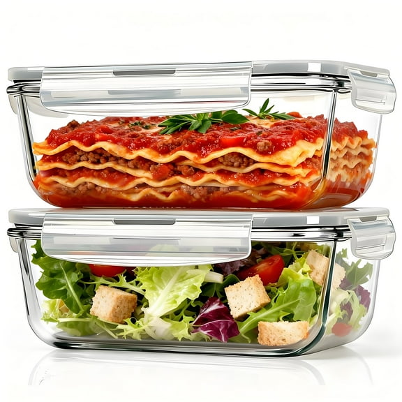 TAIMASI 4 Pcs Glass Food Storage Containers Set, 8 Cup/63 Oz Baking Containers with Leak-Proof Lids (2 containers   2 Lids), Meal Prep, Lunch Box, Gray